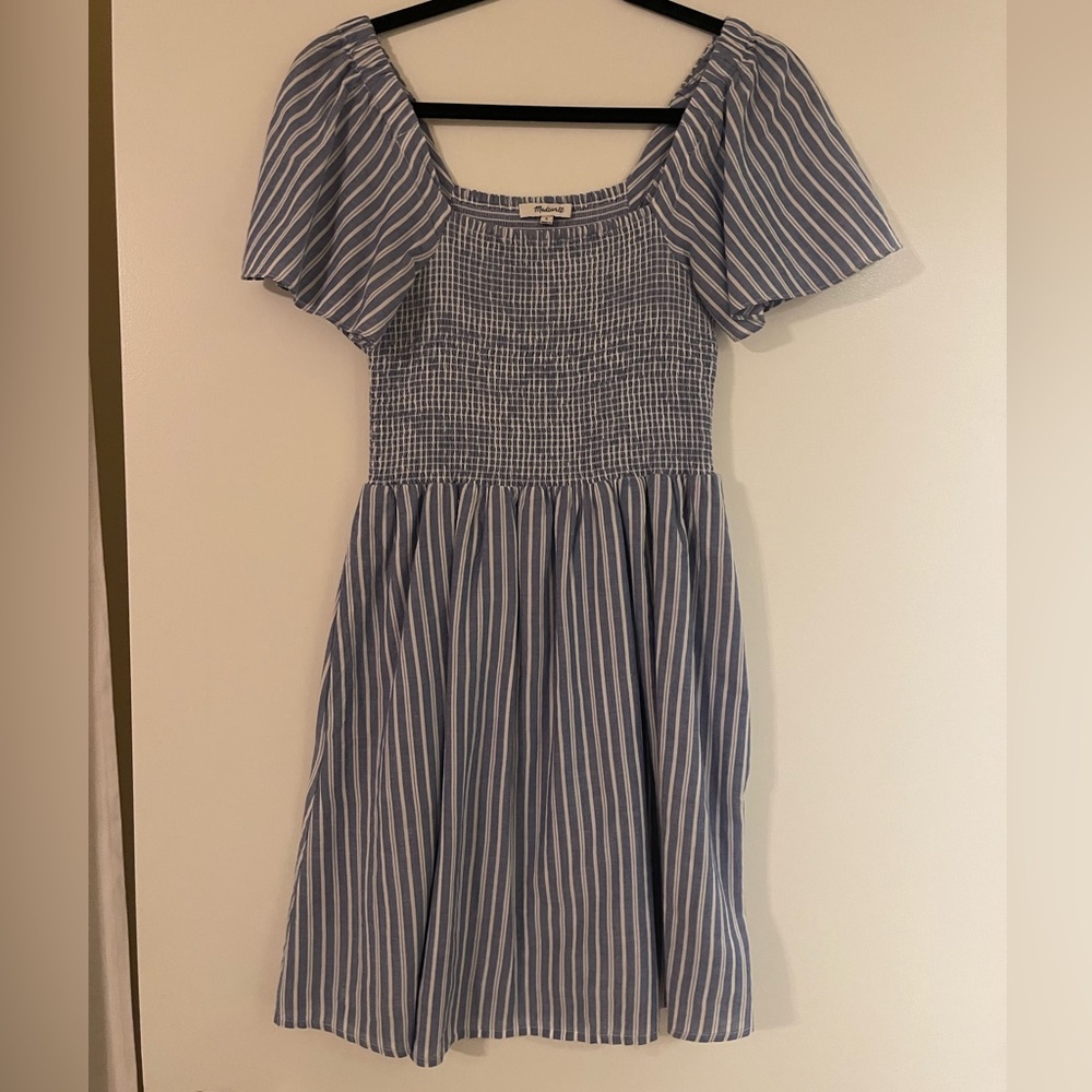 MADEWELL BLUE STRIPED SMOCKED DRESS